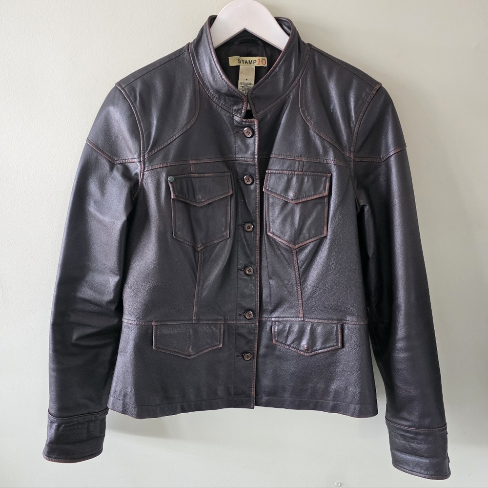 Stamp 10 M 90s Modern Contemporary Western Rodeo Burnished Leather Jacket - Picture 2 of 16
